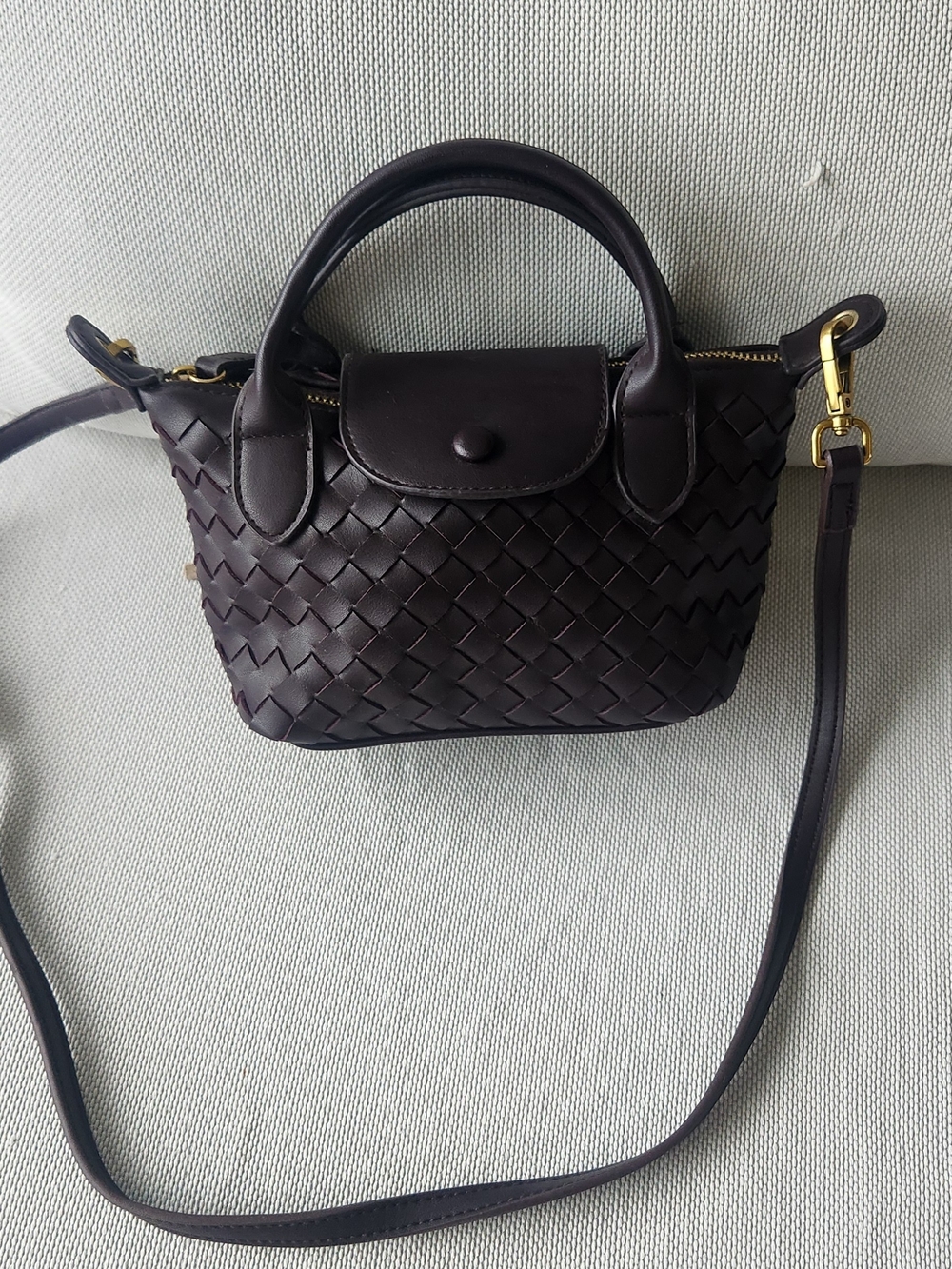 Woven Leather Mini Satchel Handbag - Black